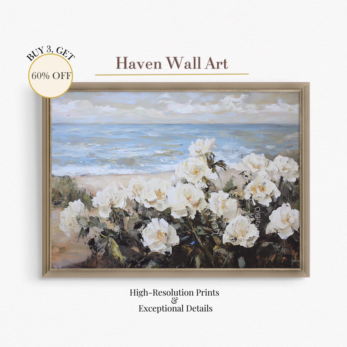 White Roses by the Sea Coastal Floral Beach Garden Summer Wall Art