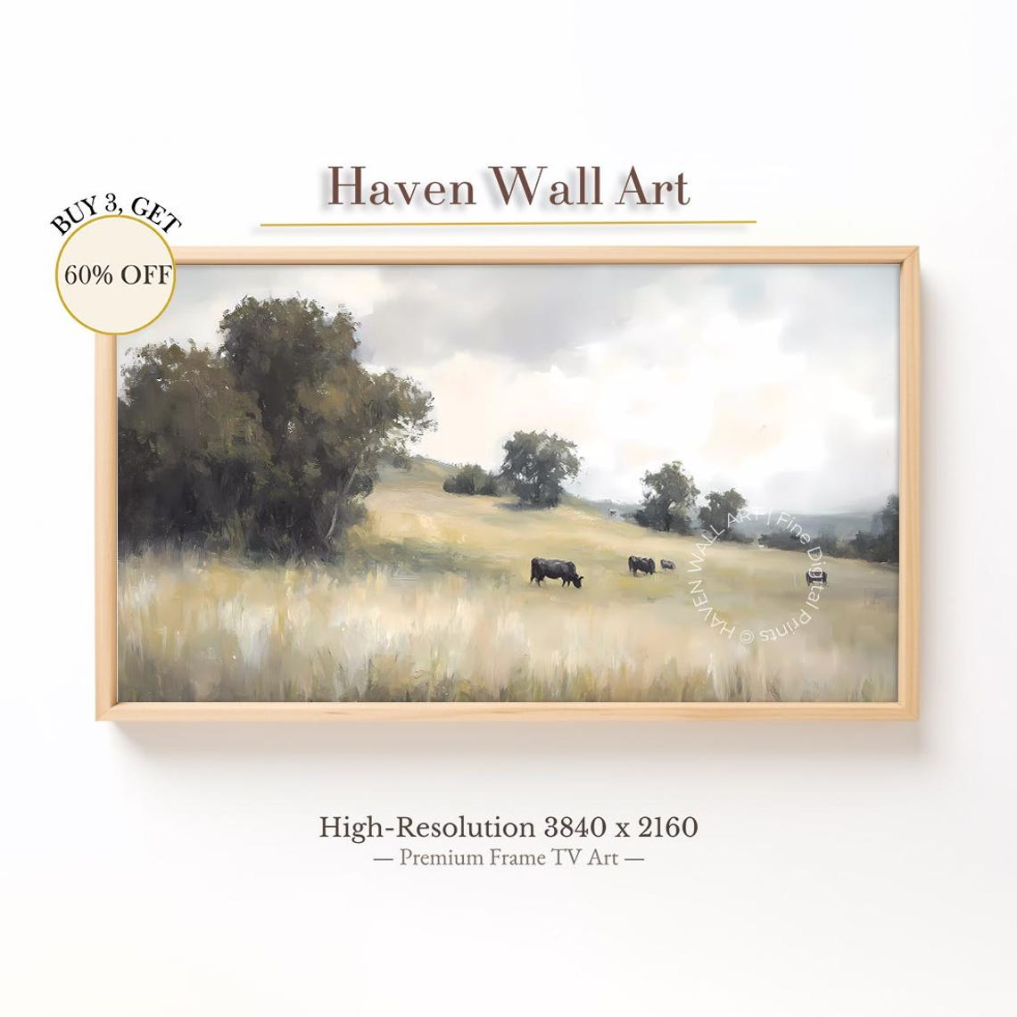 Black Cows Grazing in Misty Golden Meadow Pastoral Vintage Print