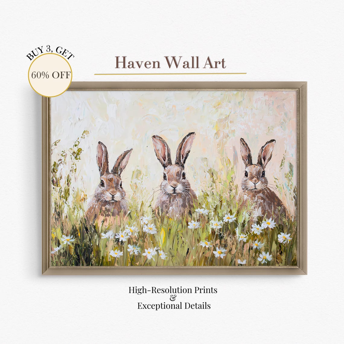 Three Bunnies Among Daisies Textured Spring Meadow Oil Painting Print