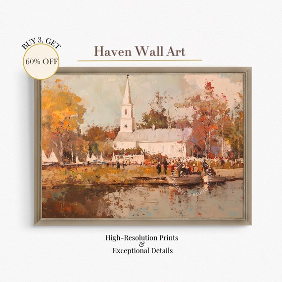 Lakeside Autumn Church Fair Vintage Small Town Festival Scene Wall Art