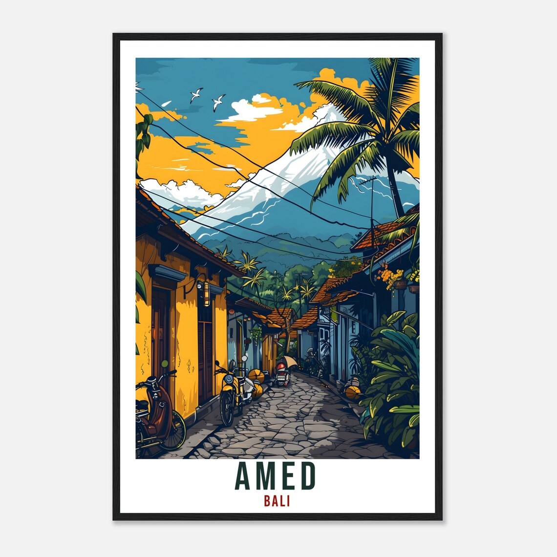 Amed Bali Volcano Street Vintage Illustrated Travel Art Poster - Image 4