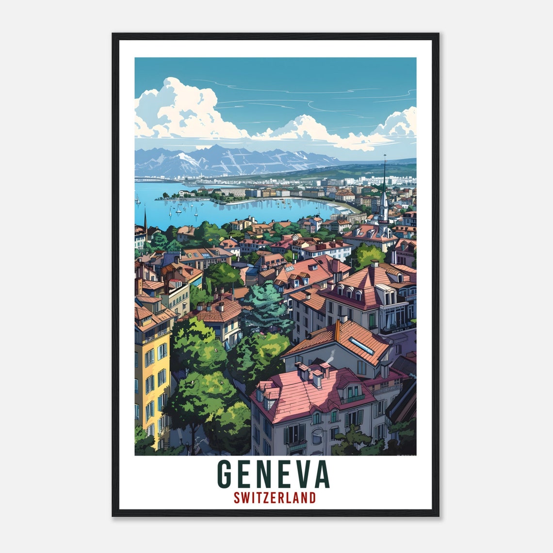 Geneva Switzerland Lakeside Rooftops Lake Panorama Travel Poster - Image 4