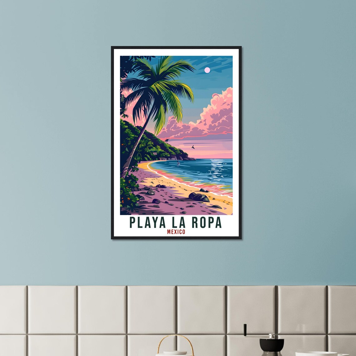 Playa La Ropa Mexico Sunset Beach Retro Palm Cove Travel Poster - Image 2
