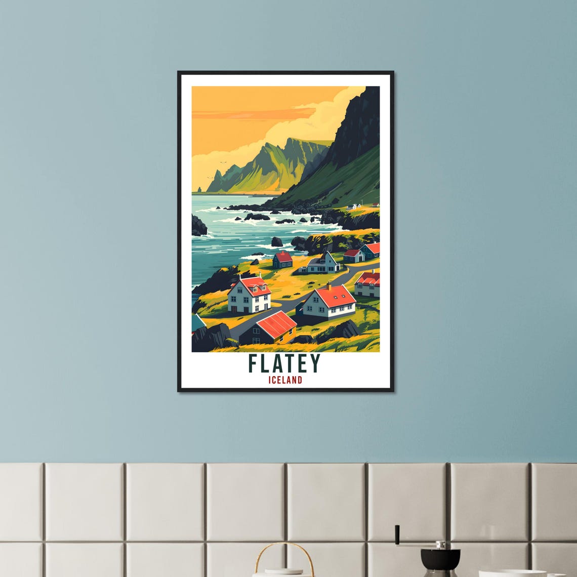 Flatey Iceland Coastal Village Red Roofs Retro Travel Poster - Image 2