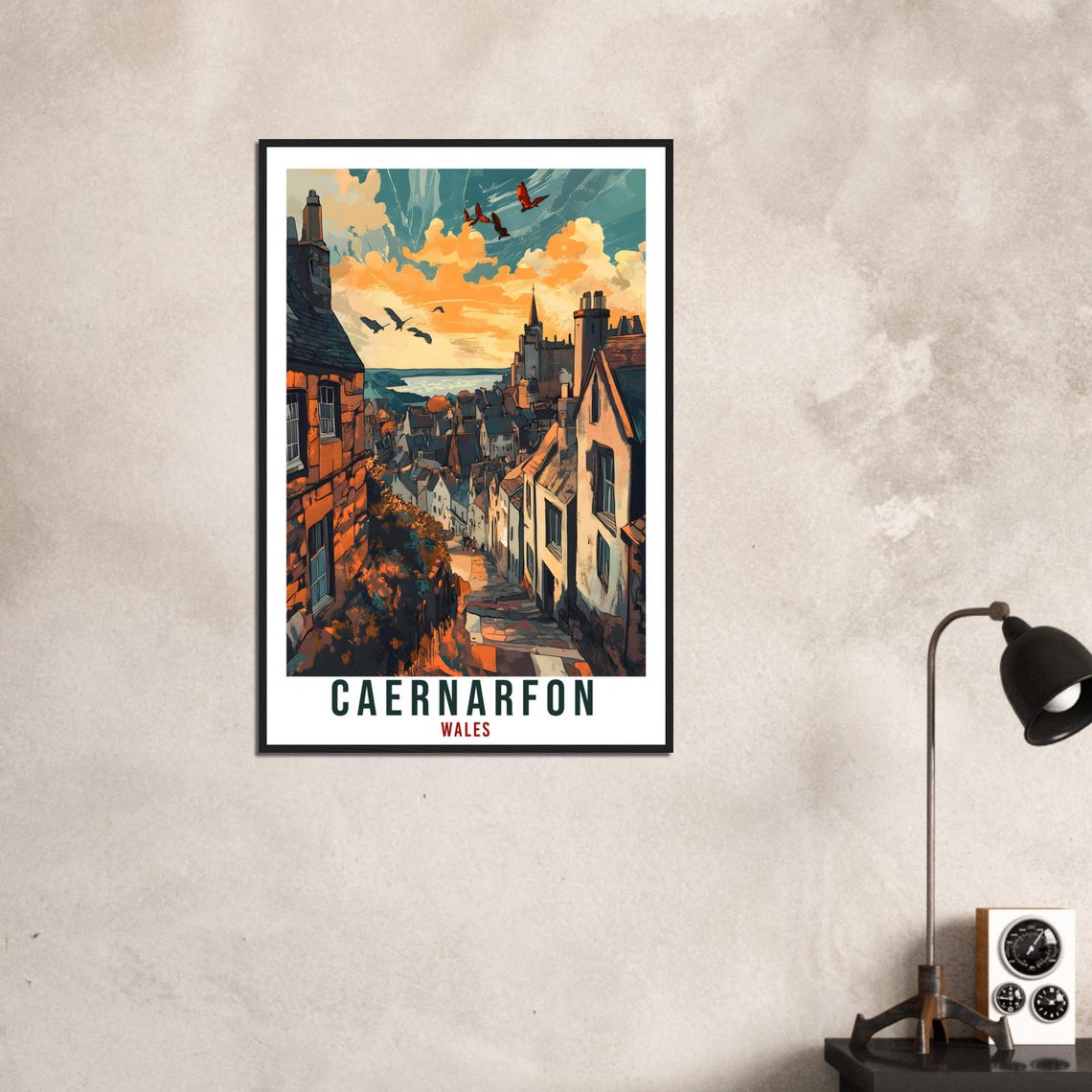 Caernarfon Wales Travel Poster Cobblestone Street Sunset Town Artwork - Image 3