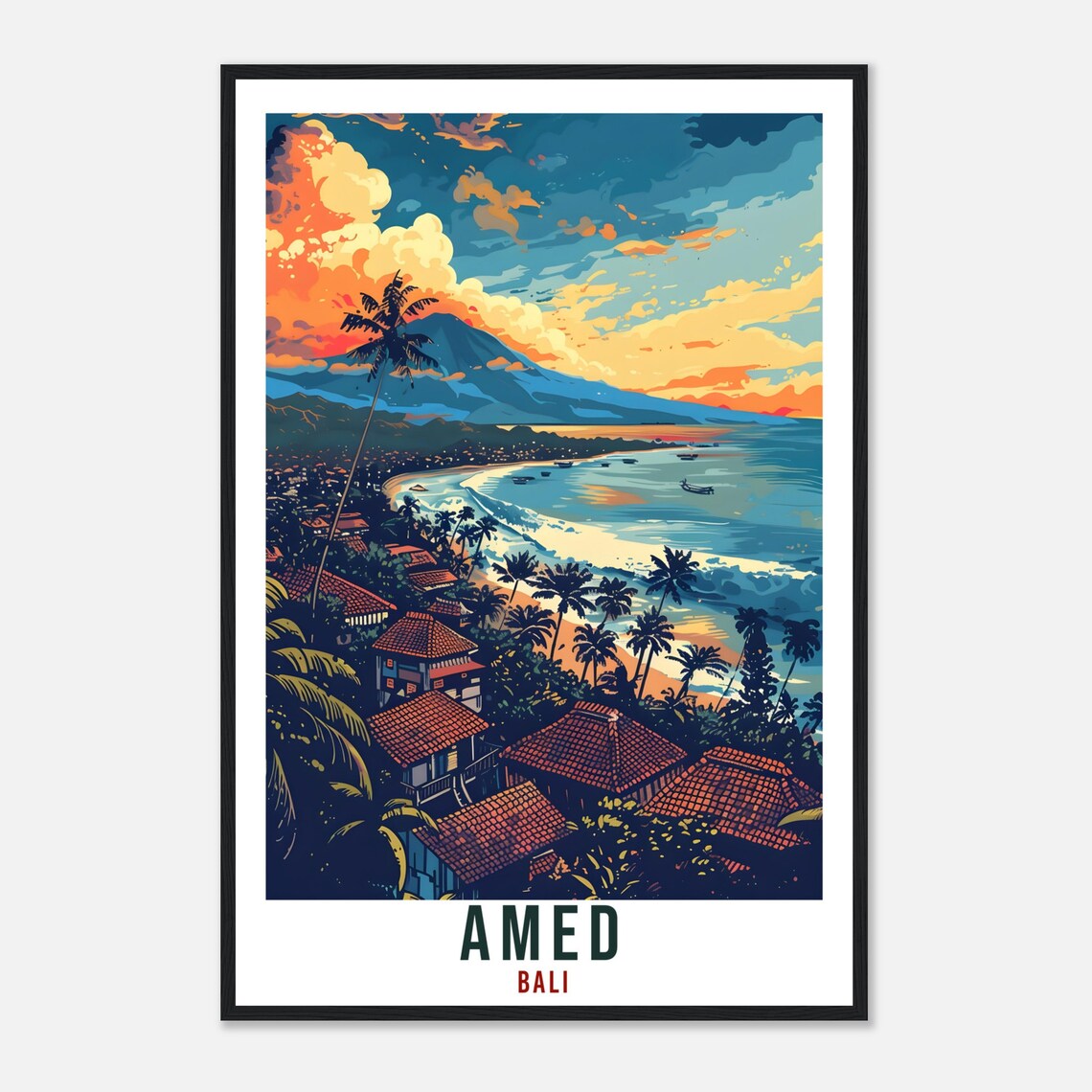 Amed Bali Sunset Coast Fishing Village Volcano Travel Poster - Image 4