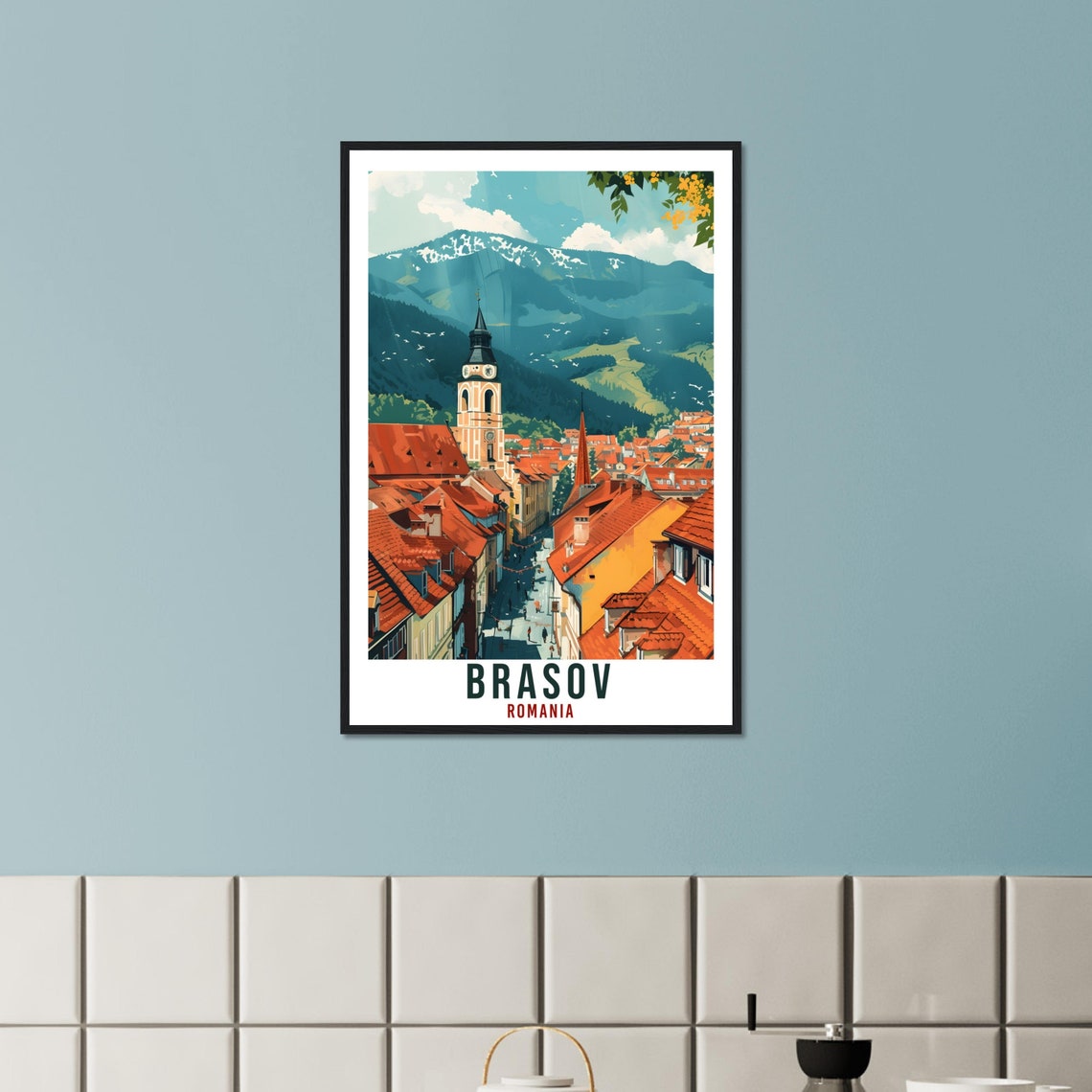 Brasov Romania Old Town Red Rooftops Snowy Mountain Travel Poster - Image 2