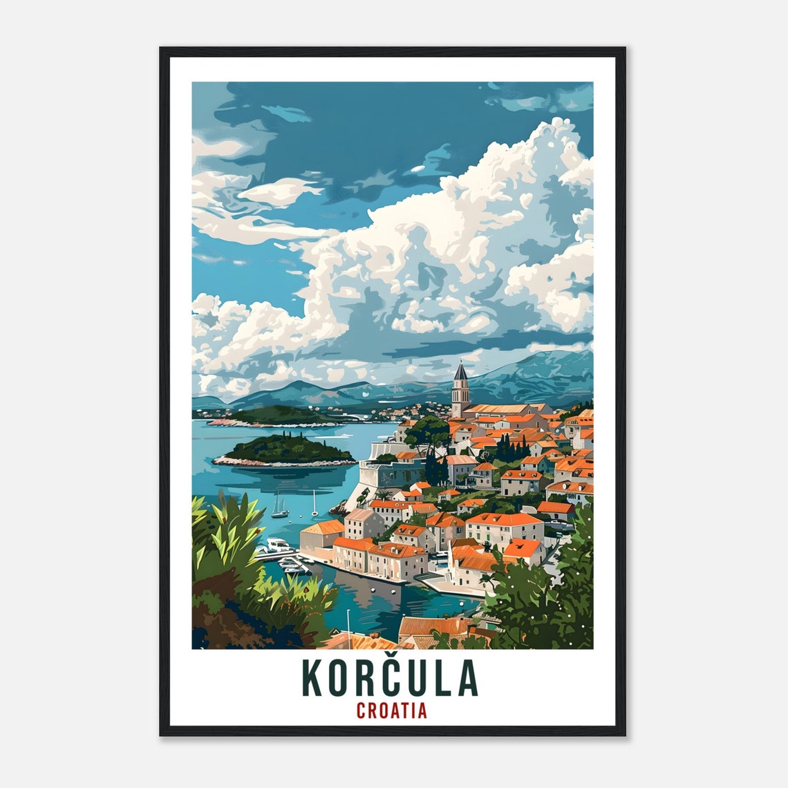 Korcula Croatia Island Bay Old Town Vintage Style Travel Poster - Image 4