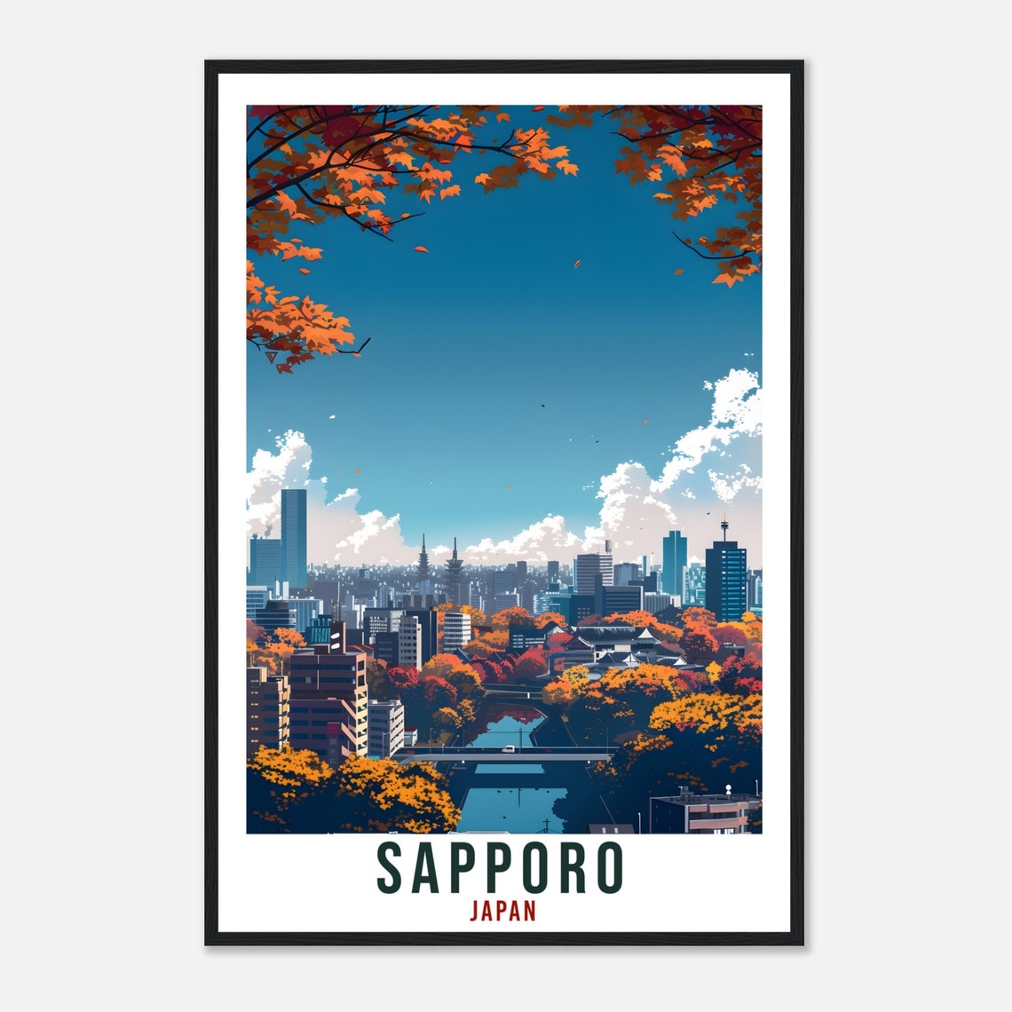 Sapporo Japan Autumn Foliage City Skyline River Travel Poster - Image 4