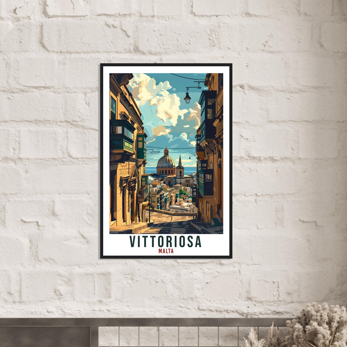 Vittoriosa Malta Old Town Street Domed Church Retro Travel Poster - Image 2