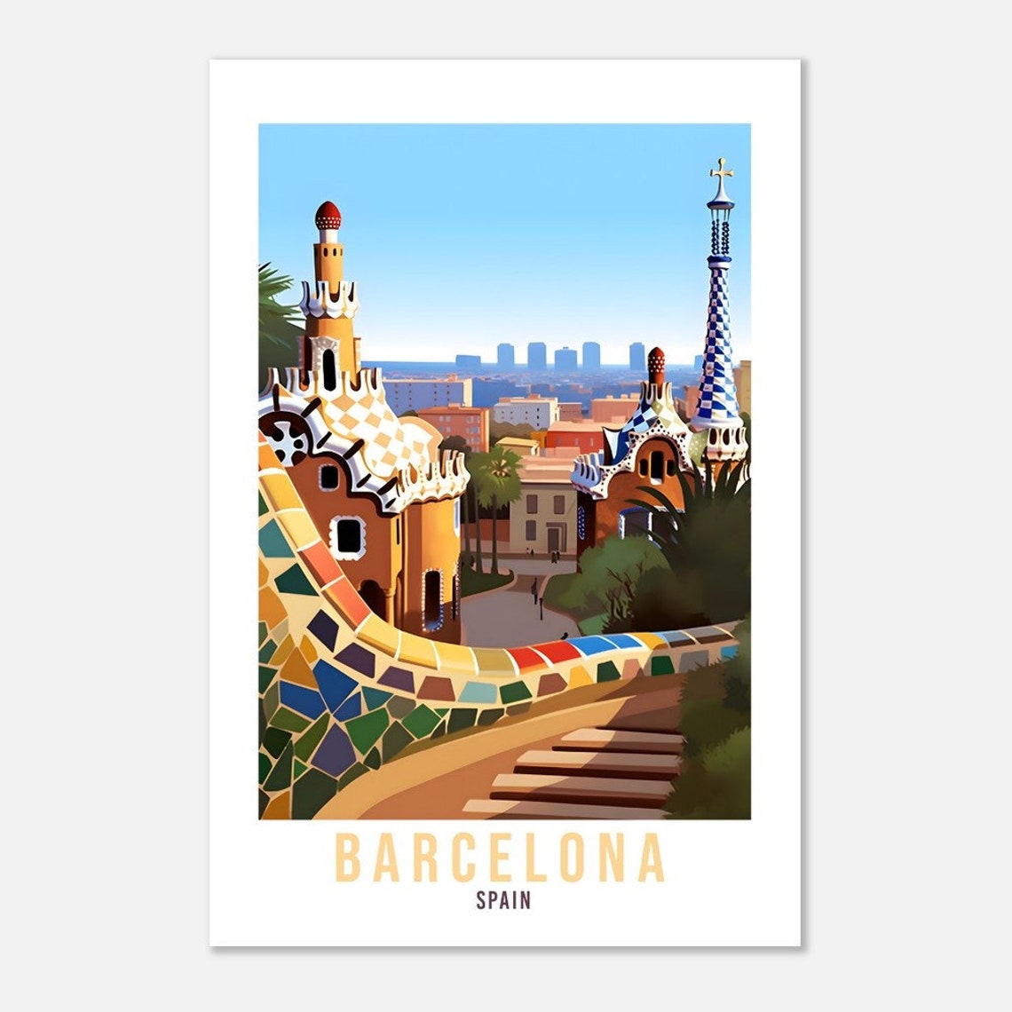 Barcelona Spain Park Guell Mosaic Terrace View Travel Poster