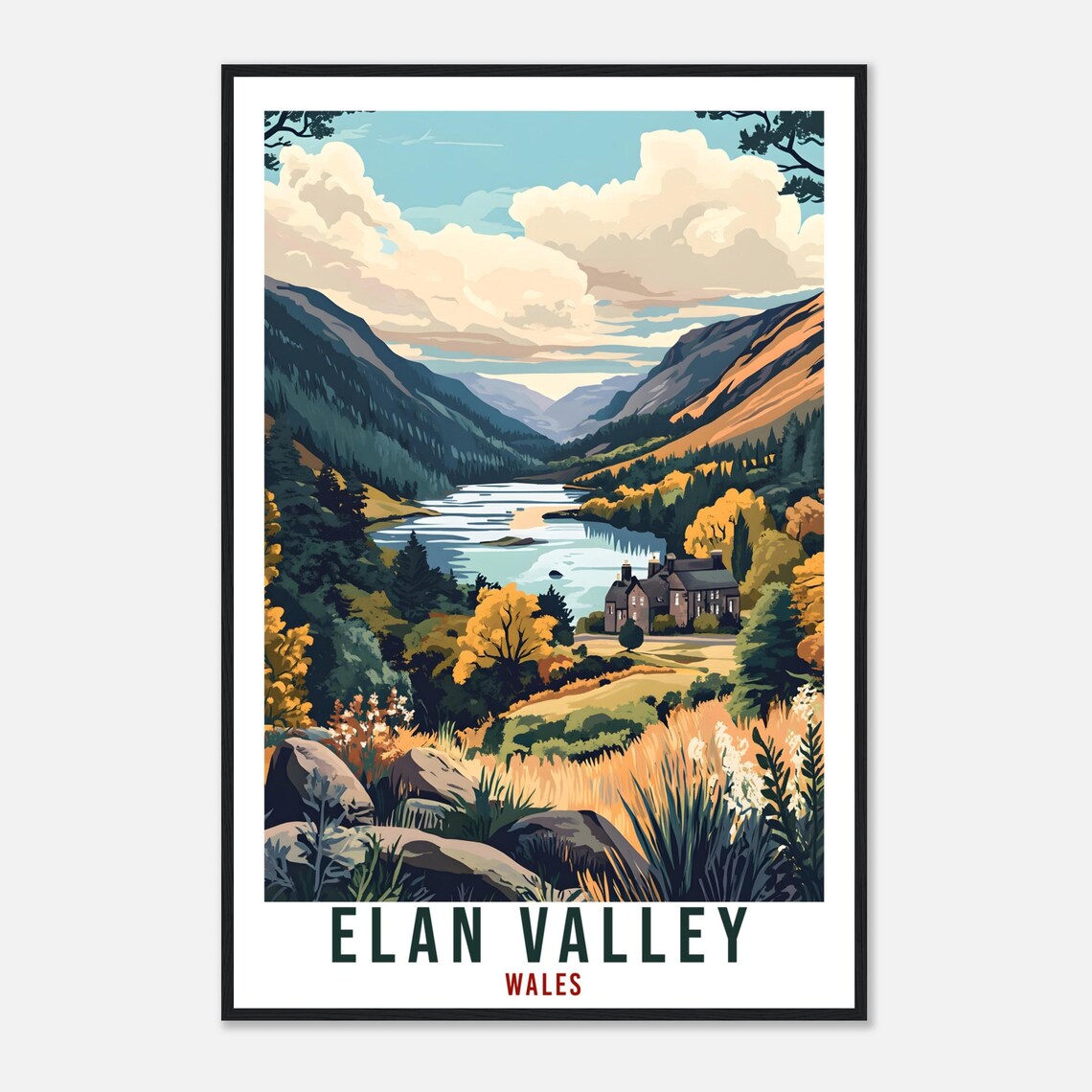 Elan Valley Wales Travel Poster Reservoir Lake Autumn Hills Artwork - Image 4