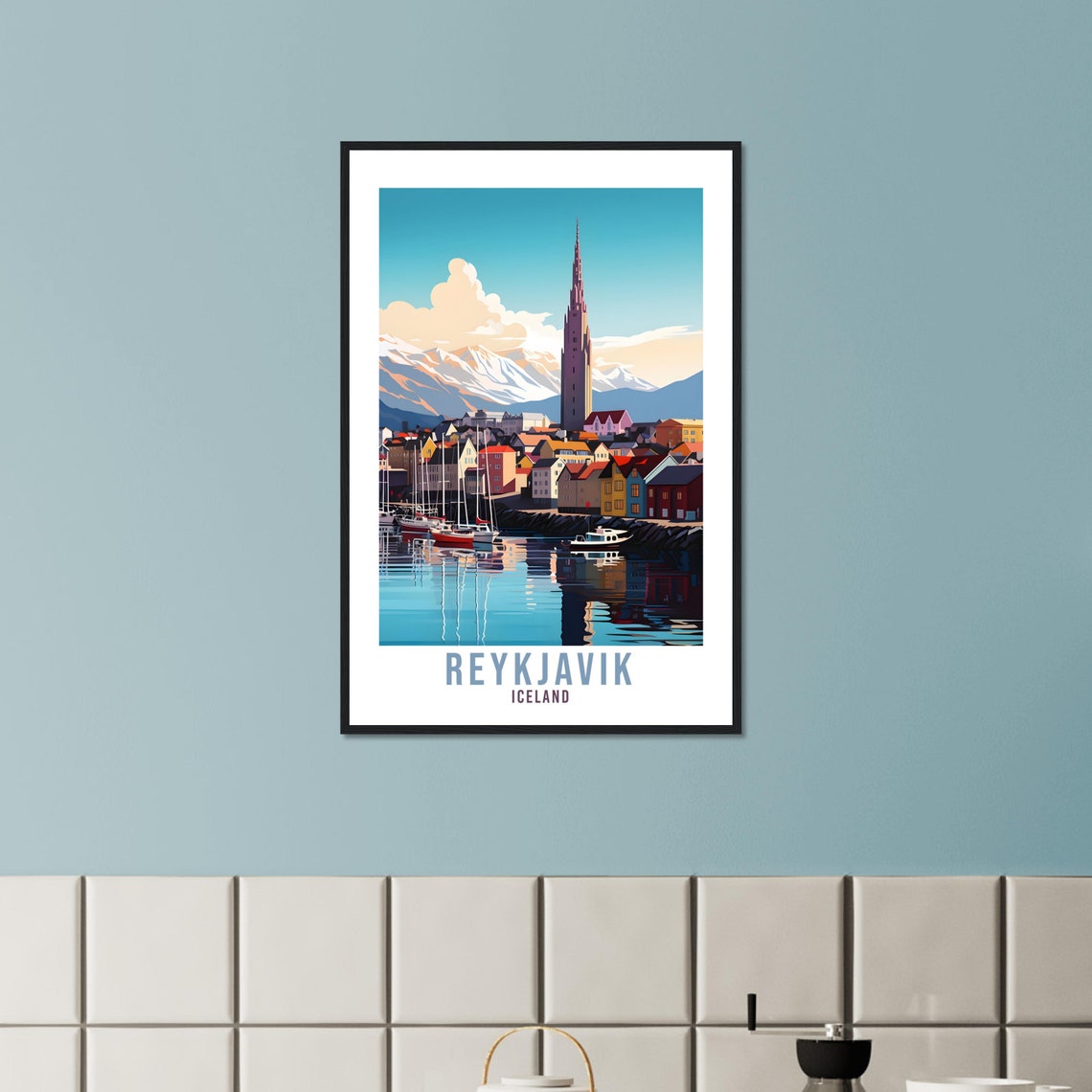 Reykjavik Iceland Harbor Church Spire Snowy Mountain Travel Poster - Image 4