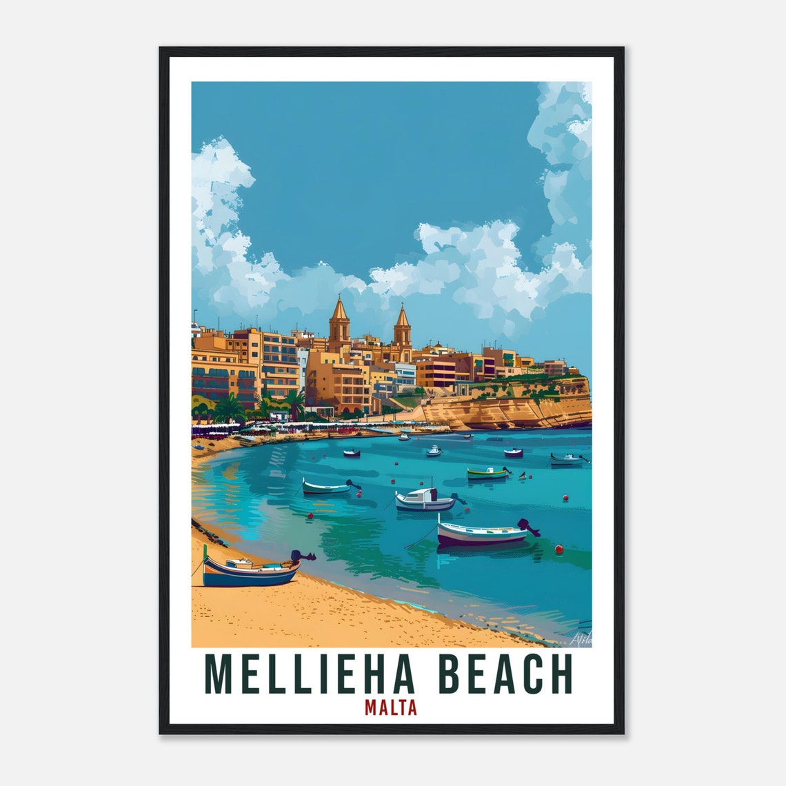 Mellieha Beach Malta Colorful Harbor Boat Scene Travel Poster - Image 4