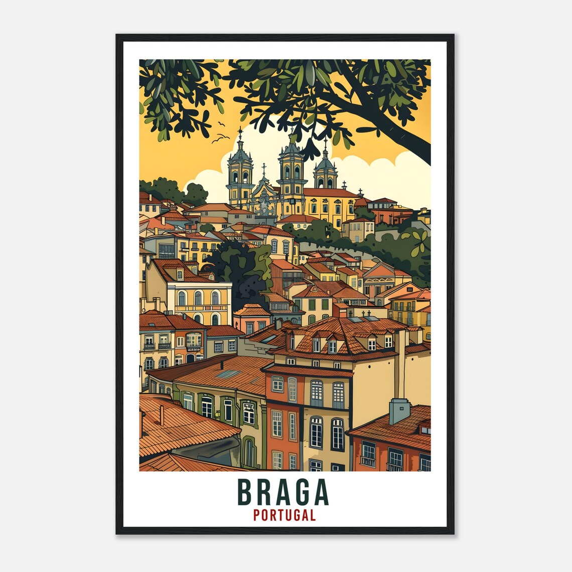 Braga Portugal Old Town Church Rooftops Golden Light Travel Poster - Image 4