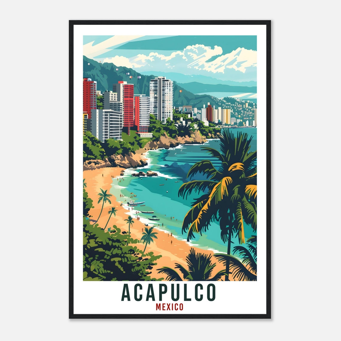 Acapulco Mexico Pacific Bay Beachfront High Rise Cliffs Palm Fronds Poster - Image 4