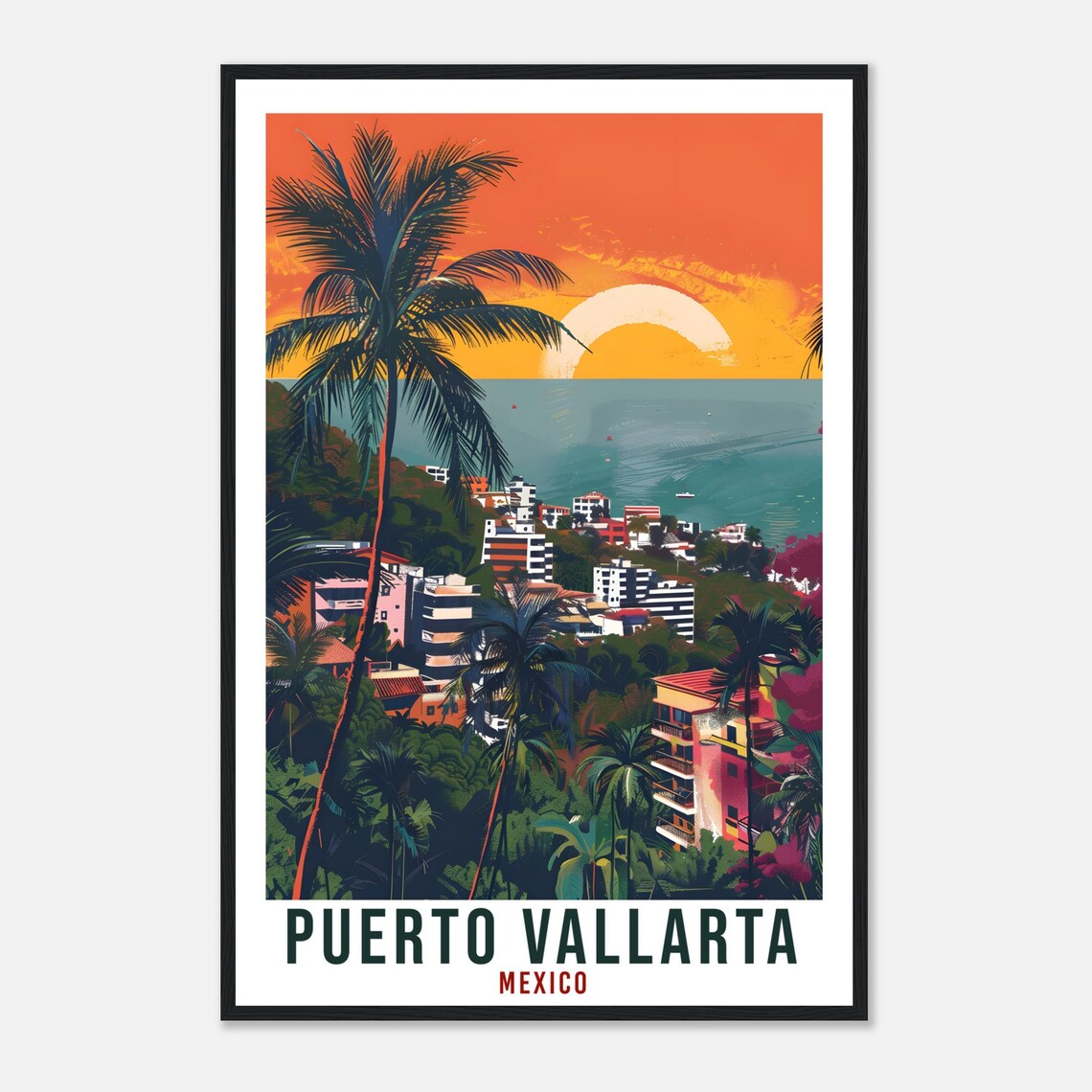 Puerto Vallarta Mexico Palm Tree Sunset Retro Bay Travel Poster - Image 4