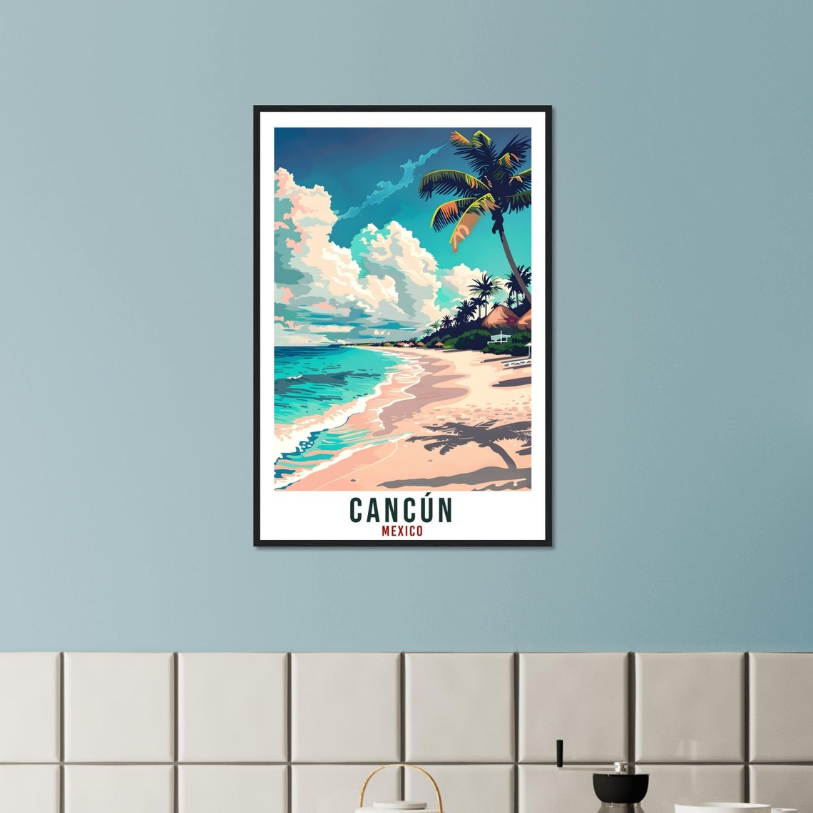 Cancun Mexico Turquoise Beach Palm Trees Vintage Travel Poster - Image 2