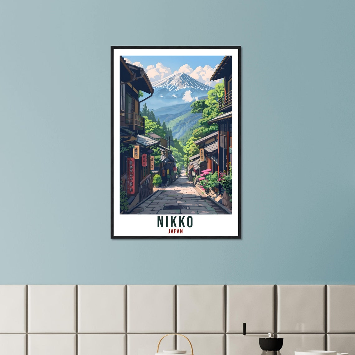 Nikko Japan Stone Street Mount Fuji Traditional Travel Poster - Image 2