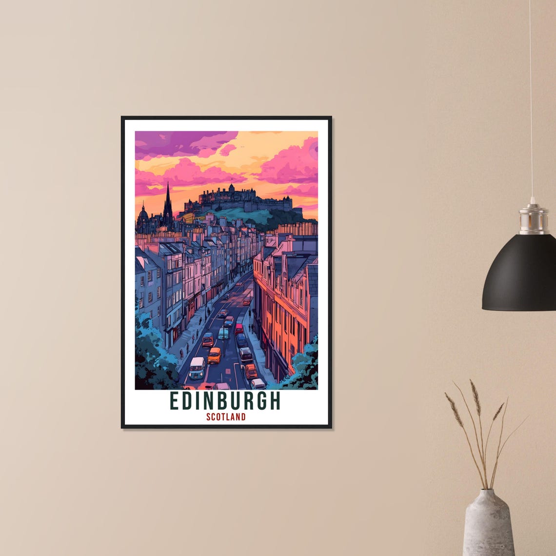 Edinburgh Scotland Vintage Castle Pink Sunset Travel Sunny Poster - Image 3