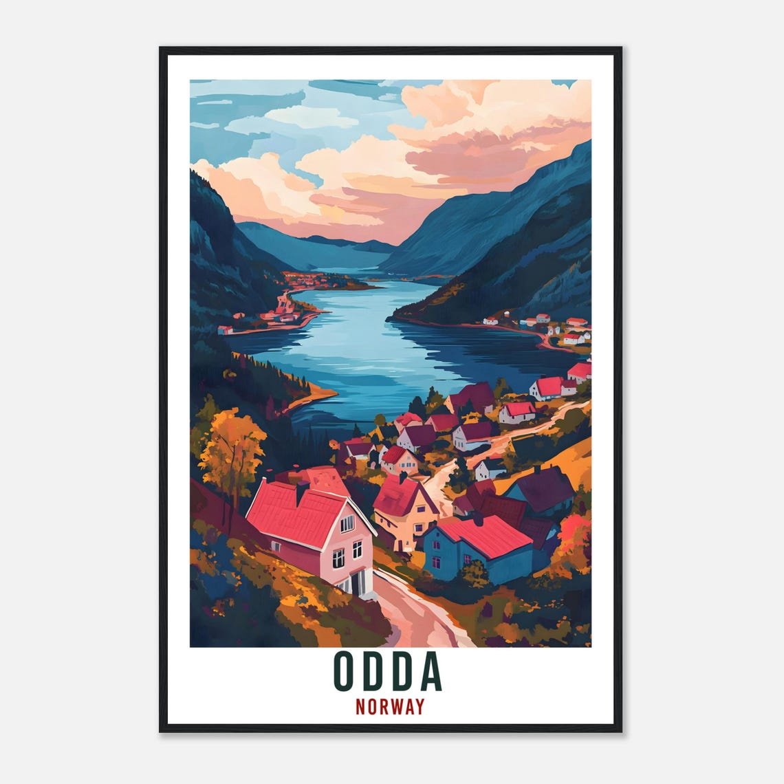 Odda Norway Red Roofed Village Sunset Illustrated Travel Poster - Image 4