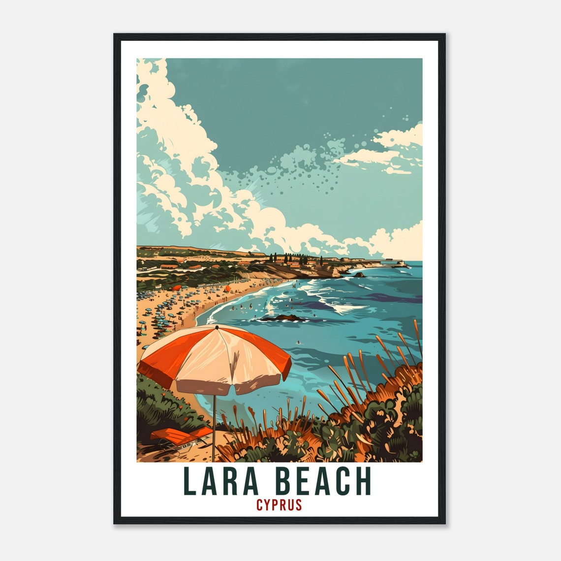 Lara Beach Cyprus Orange Umbrella Cliffs Turquoise Sea Poster - Image 2