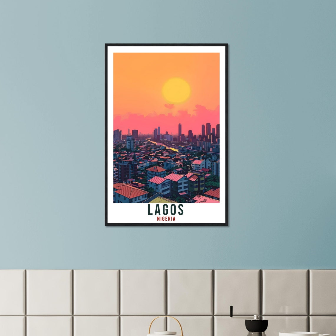 Lagos Nigeria Orange Sunset Skyline Red Rooftops Travel Poster - Image 3
