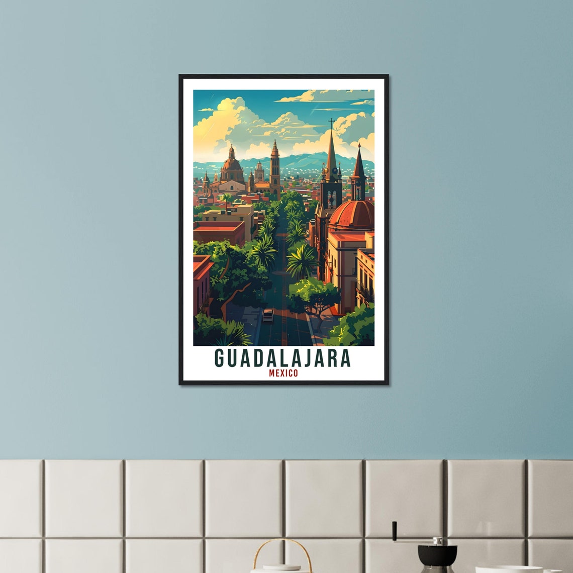 Guadalajara Mexico Cathedral Spires City View Green Avenue Sky Poster - Image 2
