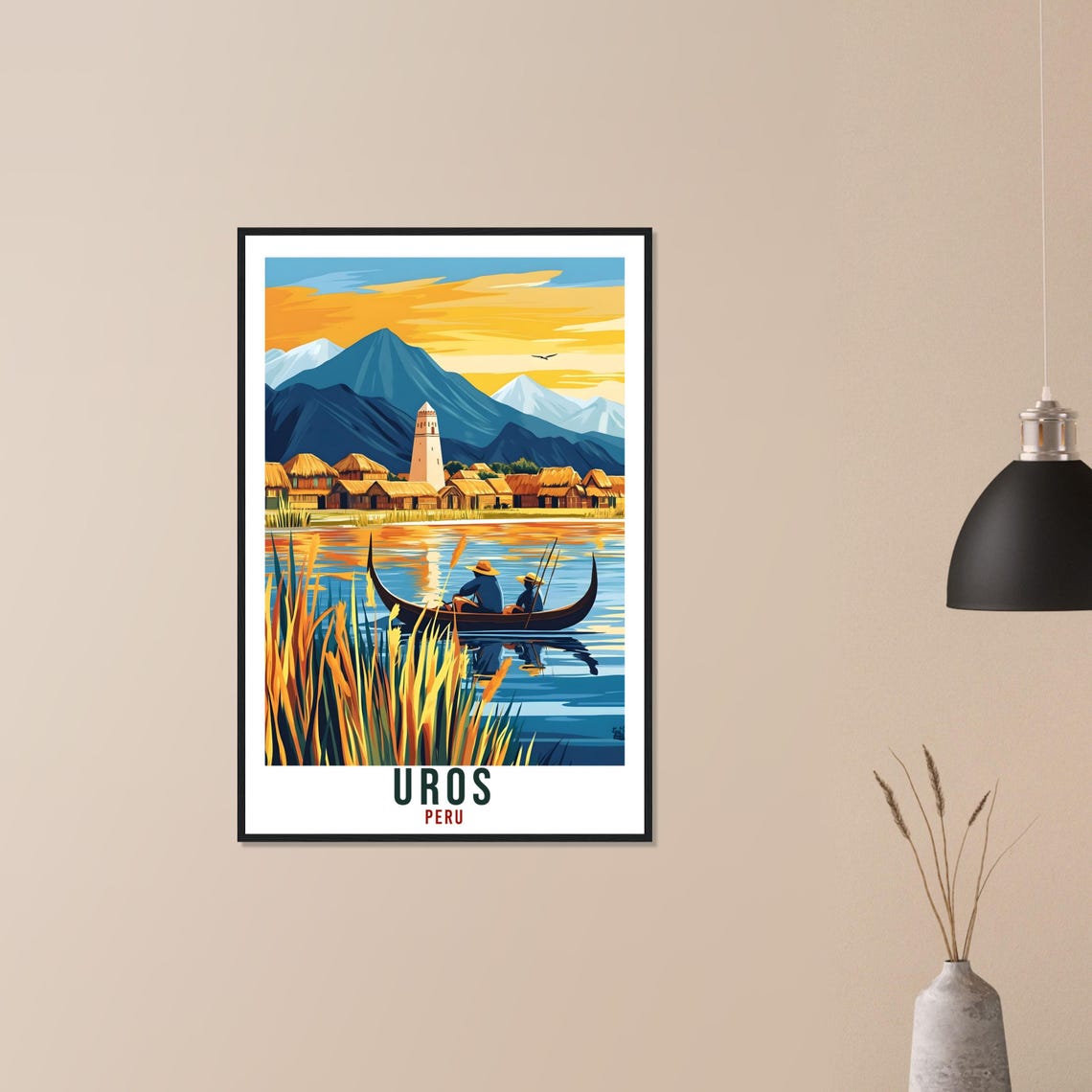 Uros Peru Reed Boat Lake Sunset Vintage Travel Illustration Poster - Image 3
