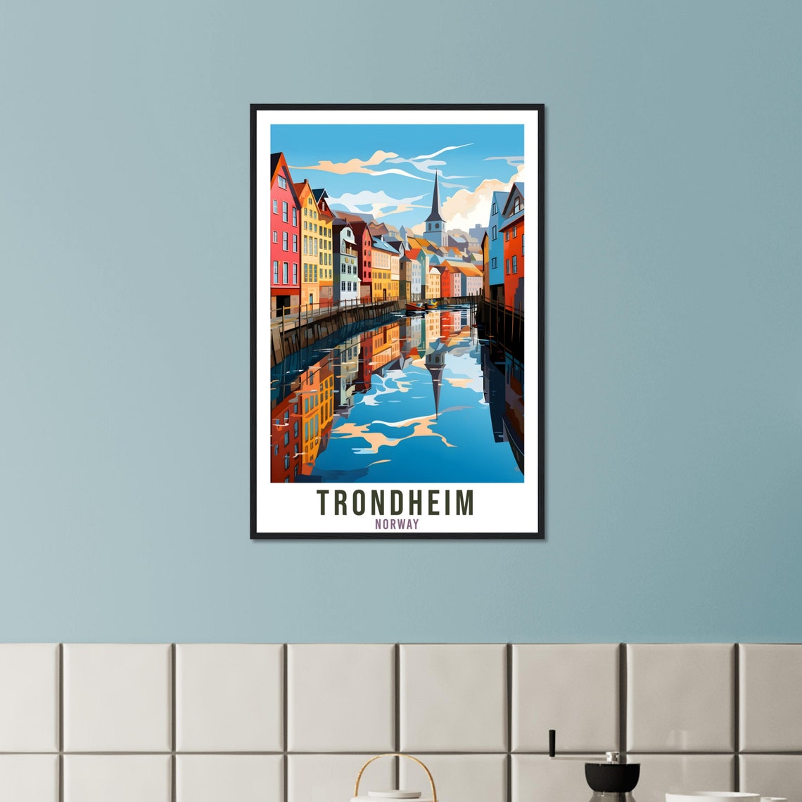 Trondheim Norway Waterfront Travel Poster Colorful River Houses - Image 3