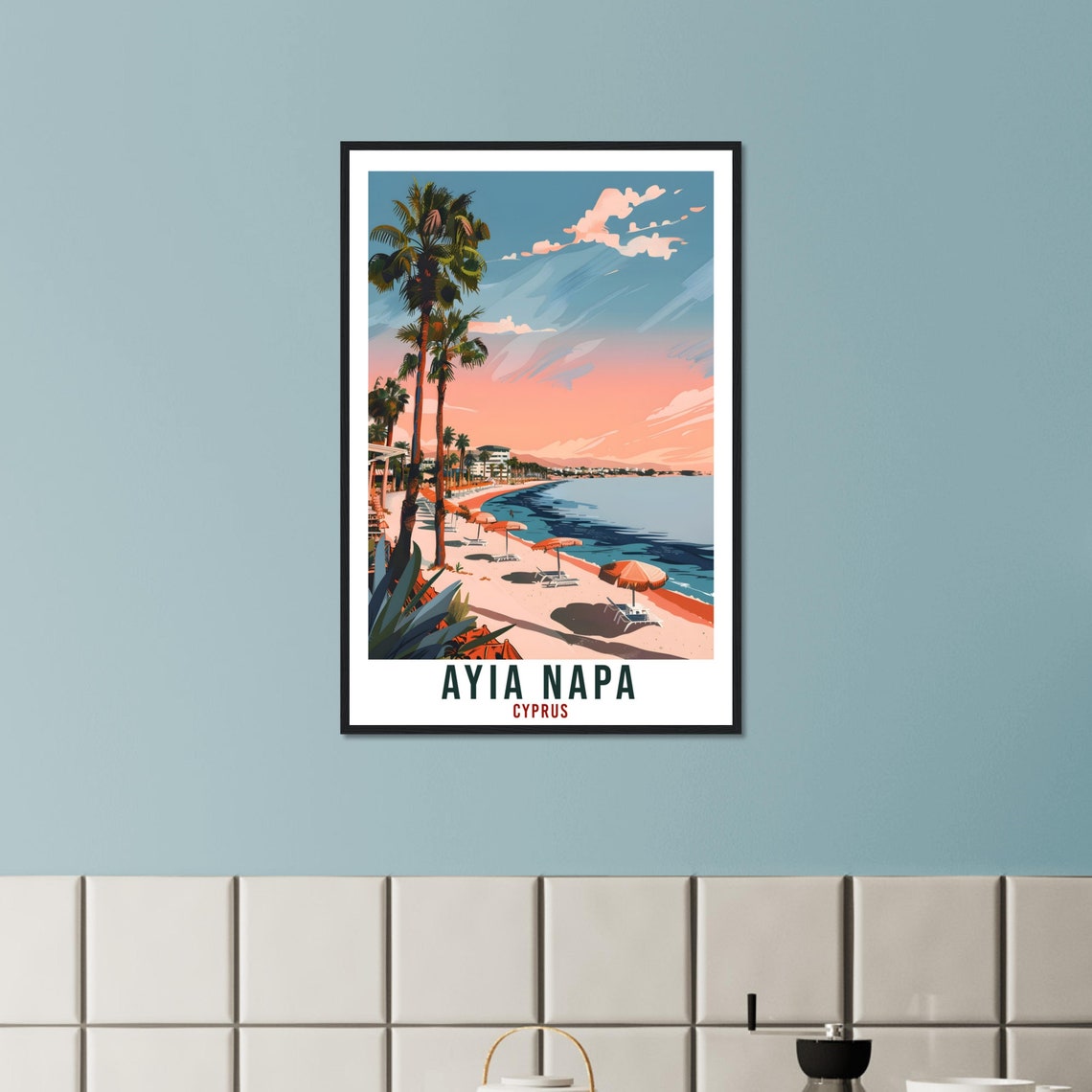 Ayia Napa Cyprus Palm Beach Sunset Umbrellas Pink Sky Travel Poster - Image 2