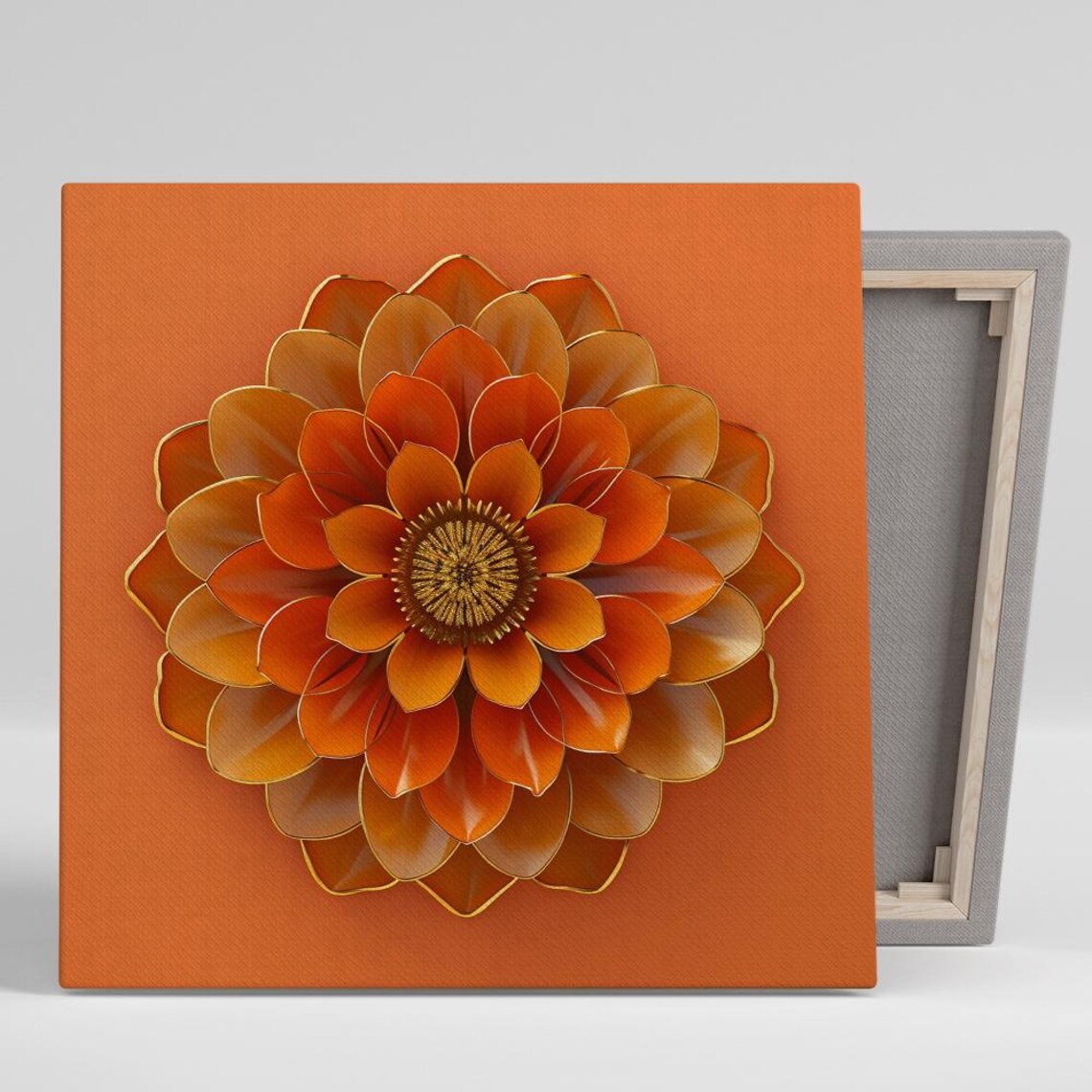 Burnt Orange Dahlia Mandala Metallic Petals Modern Floral Wall Art