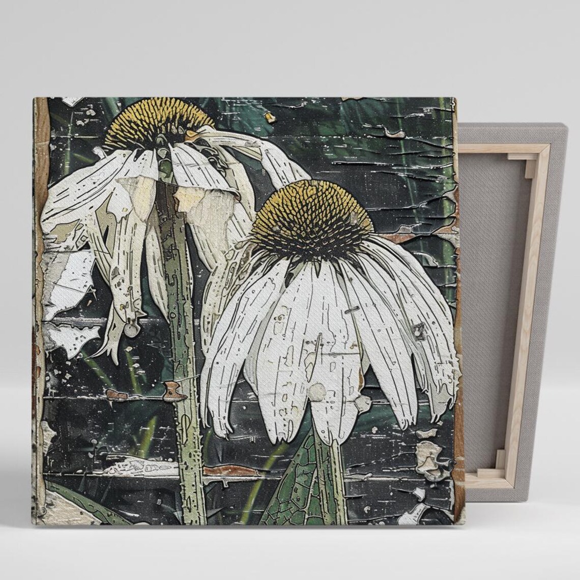 White Coneflower Duo Rustic Distressed Farmhouse Floral Wall Art