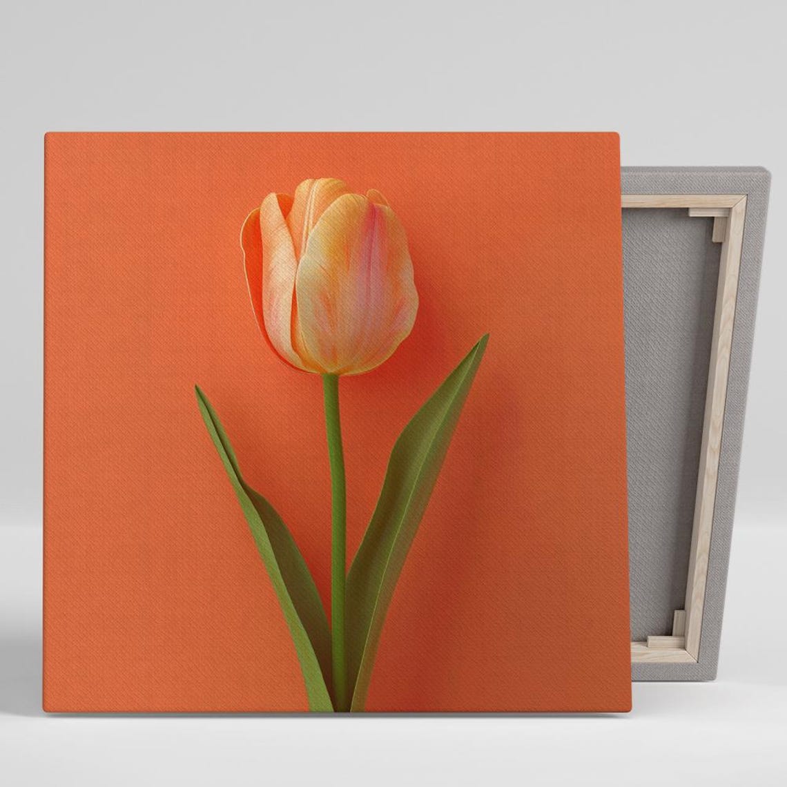 Peach Tulip Single Bloom Vivid Orange Background Modern 3D Art Poster