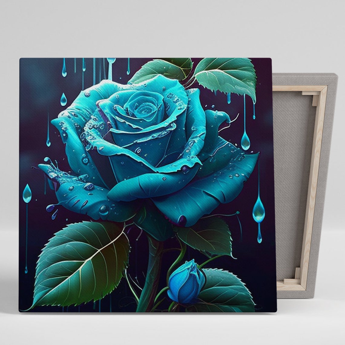 Turquoise Blue Rose With Water Droplets Dramatic Dark Floral Poster