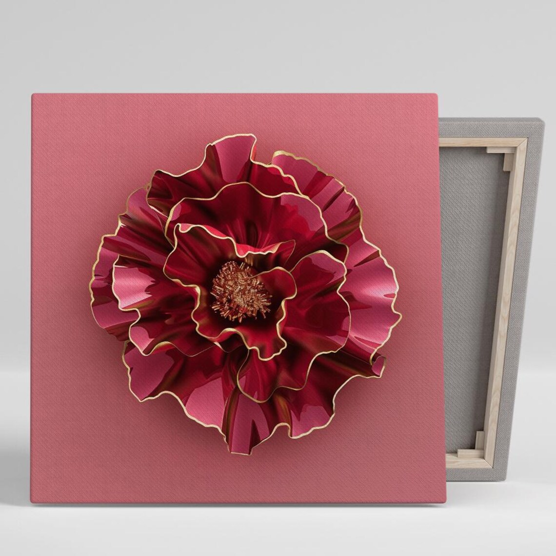Red Metallic Peony with Gold Edged Petals Glam Floral Wall Art