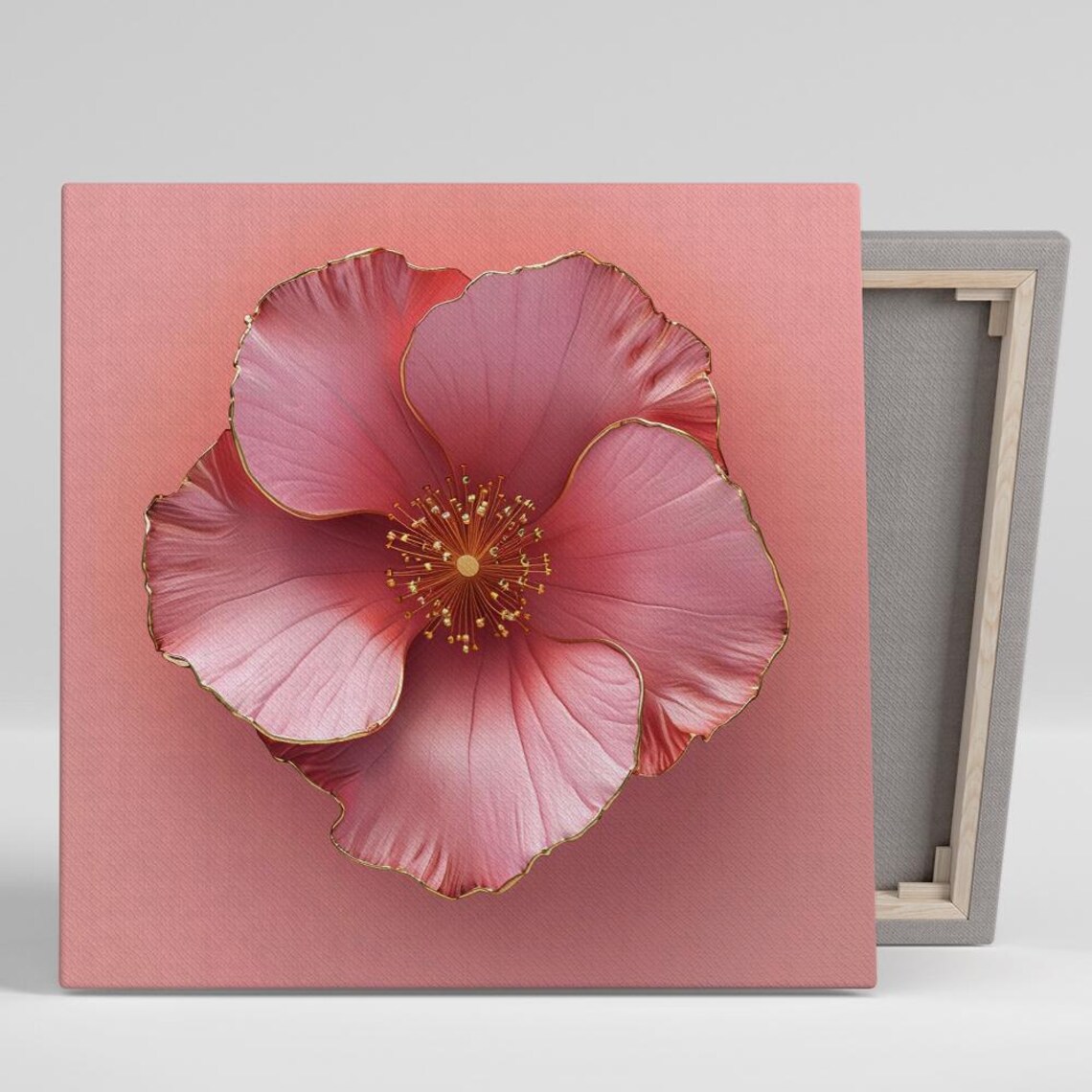 Pink Hibiscus Bloom Gold Trim on Coral Background Glam Floral Print