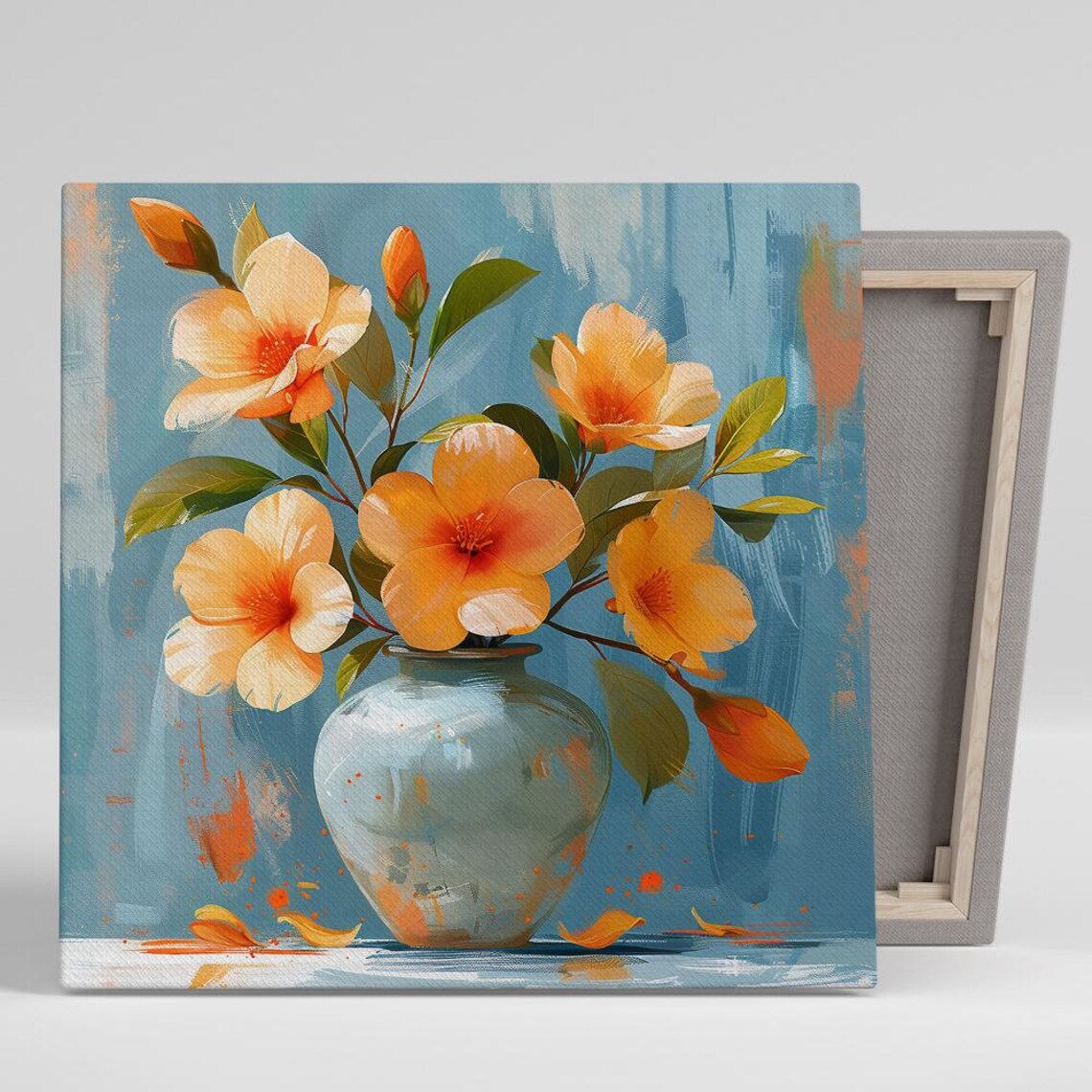 Orange Hibiscus Bouquet In Blue Vase Tropical Painting Art Poster