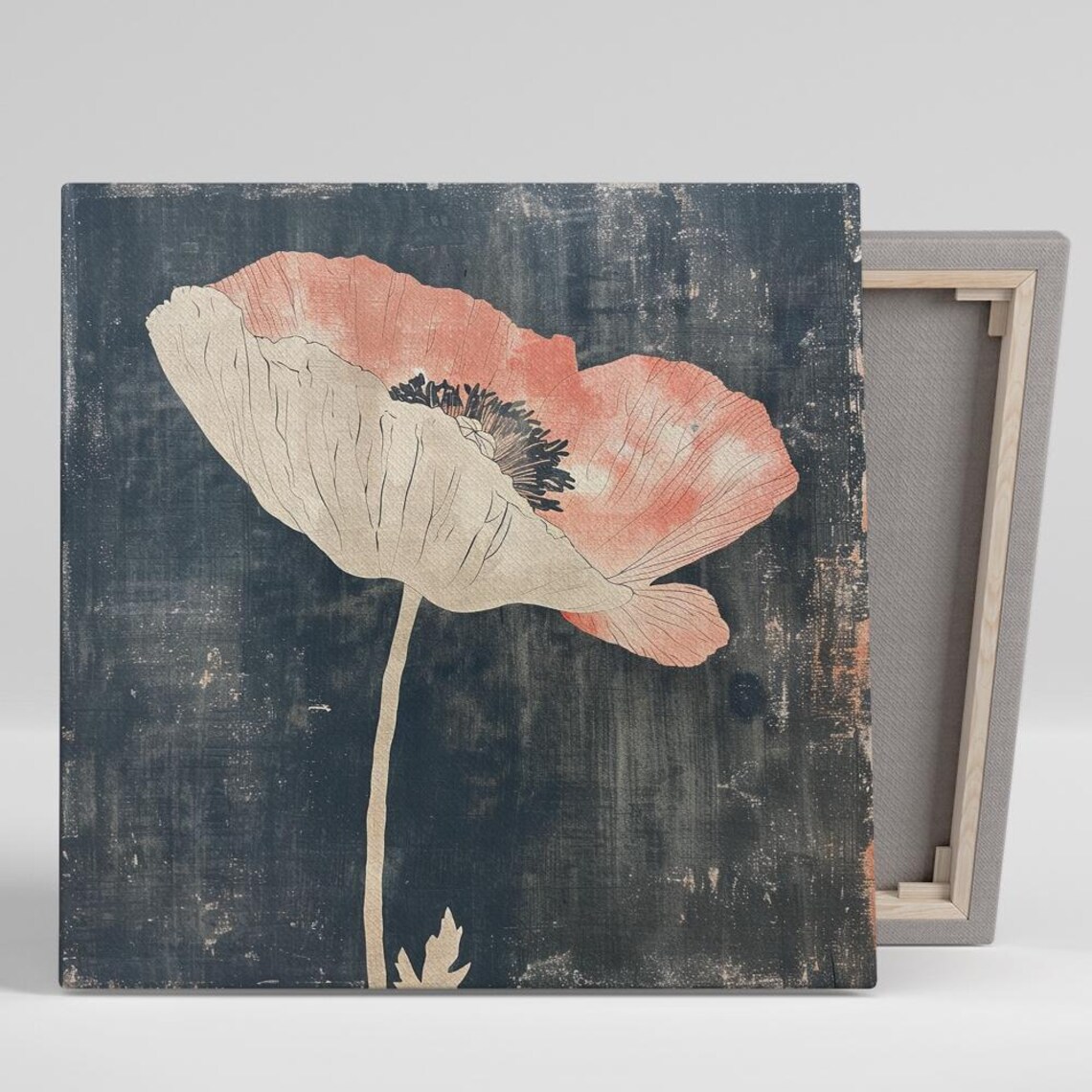 Vintage Pink Poppy Giant Dark Navy Moody Botanical Floral Print