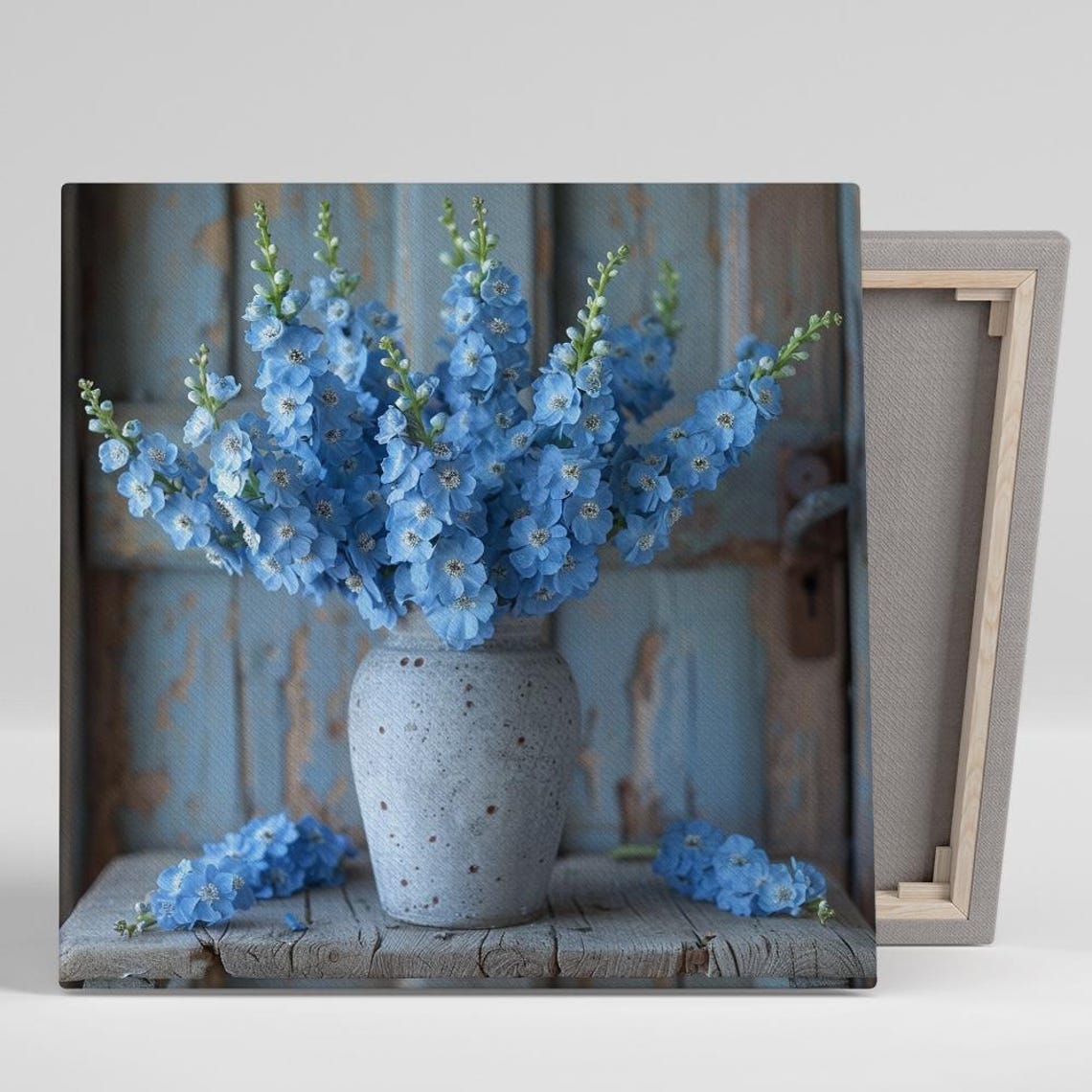 Blue Delphinium Spikes Grey Vase Rustic Wood Cottage Floral Poster