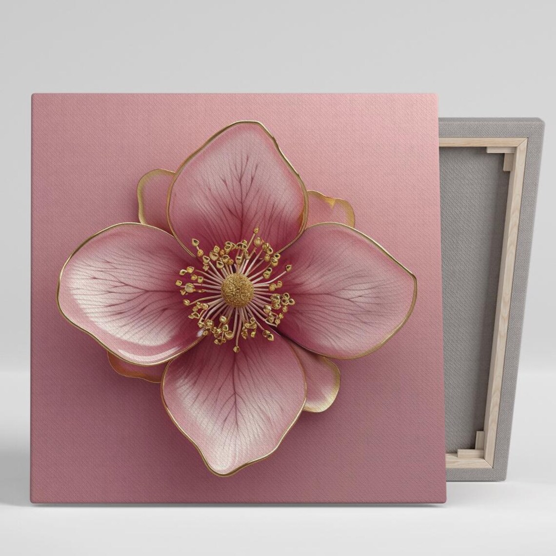 Pink Peony Bloom With Gold Edges And Stamens On Rose Floral Poster