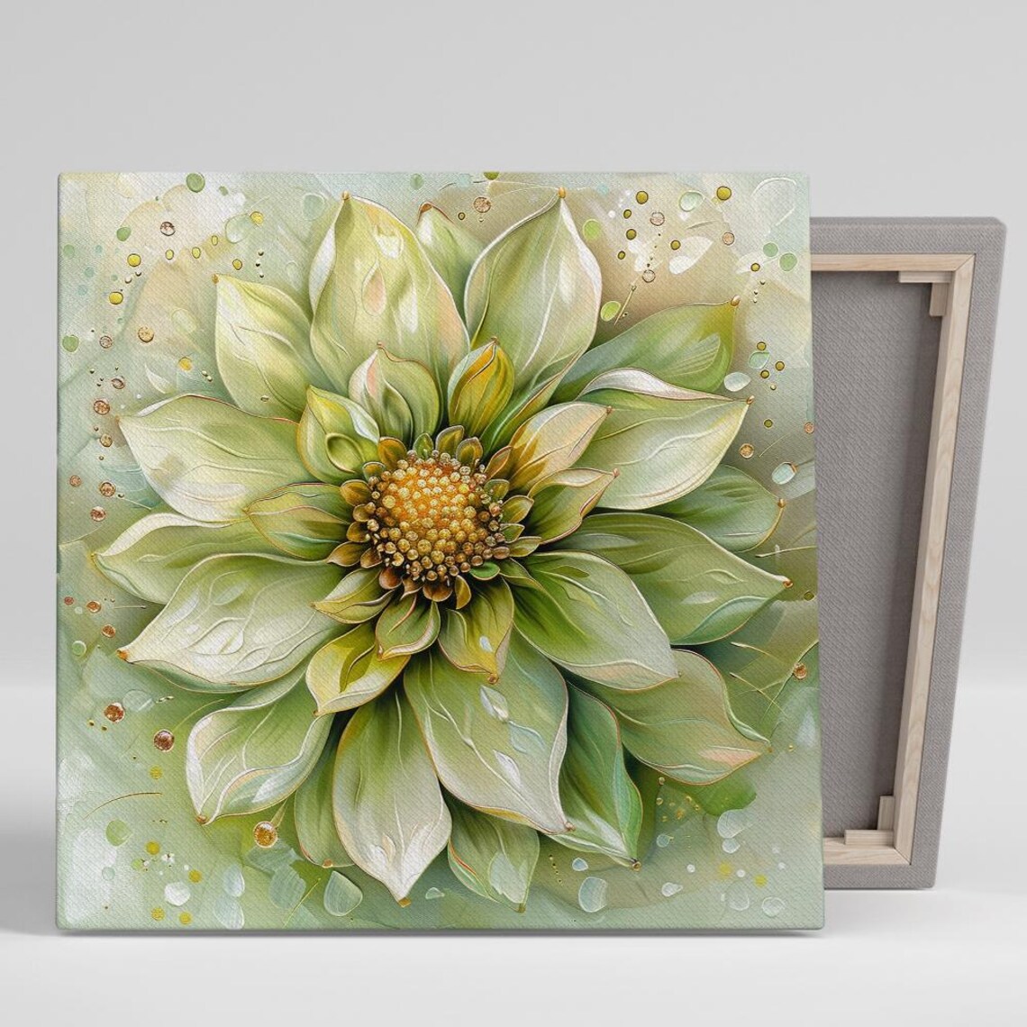 Ethereal Green Dahlia Bloom Dewy Petals Golden Center Art Print