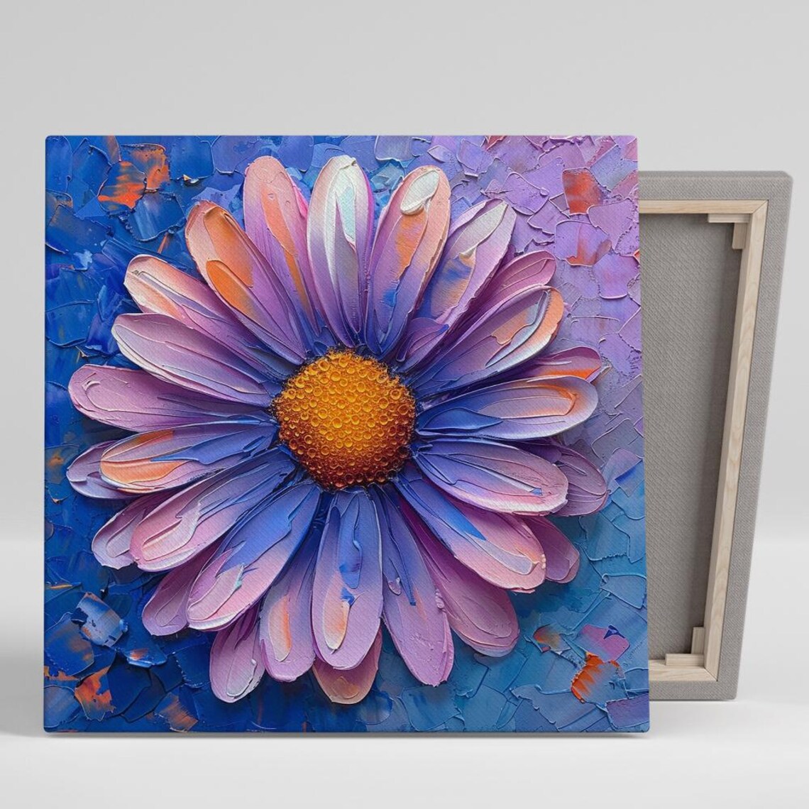 Purple Daisy Impasto Oil Painting with Golden Center Blue Wall Poster