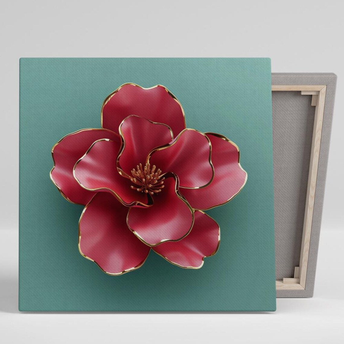 Red Rose Gold Edged 3D Petals Teal Background Glam Floral Art Poster