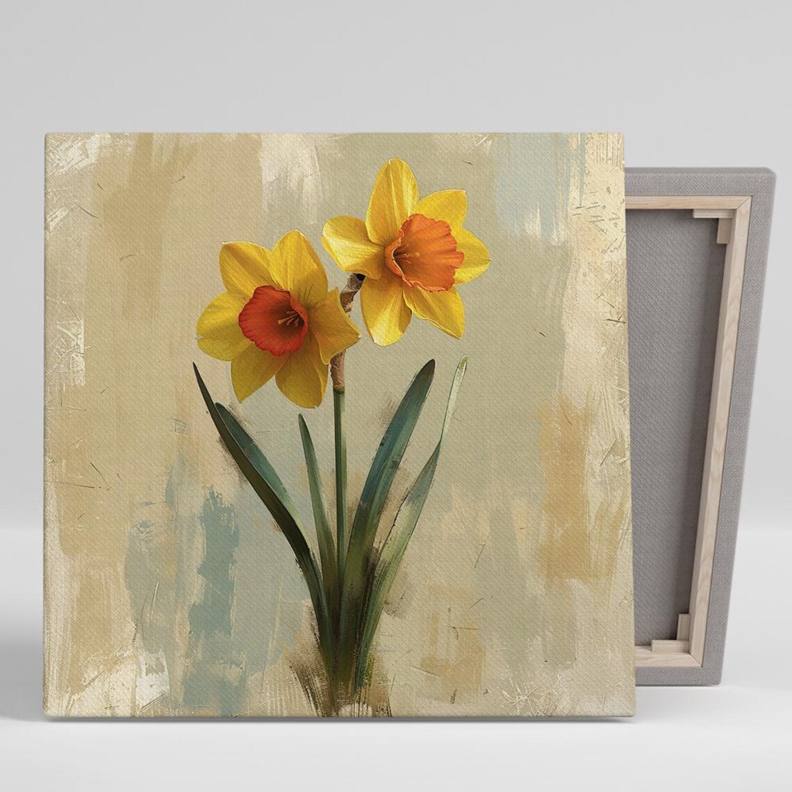 Yellow Daffodils Orange Trumpet Rustic Beige Spring Floral Print