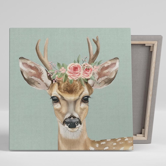 Deer with Rose Crown Watercolor Whimsical Sage Green Nursery Poster