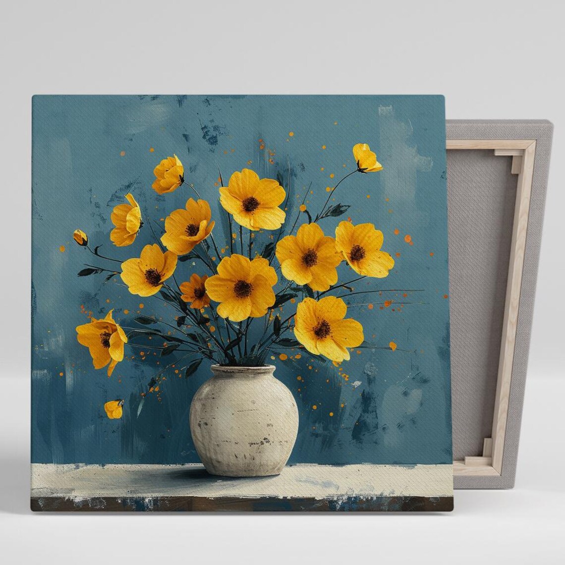 Yellow Buttercup Blooms White Vase Teal Botanical Art Poster