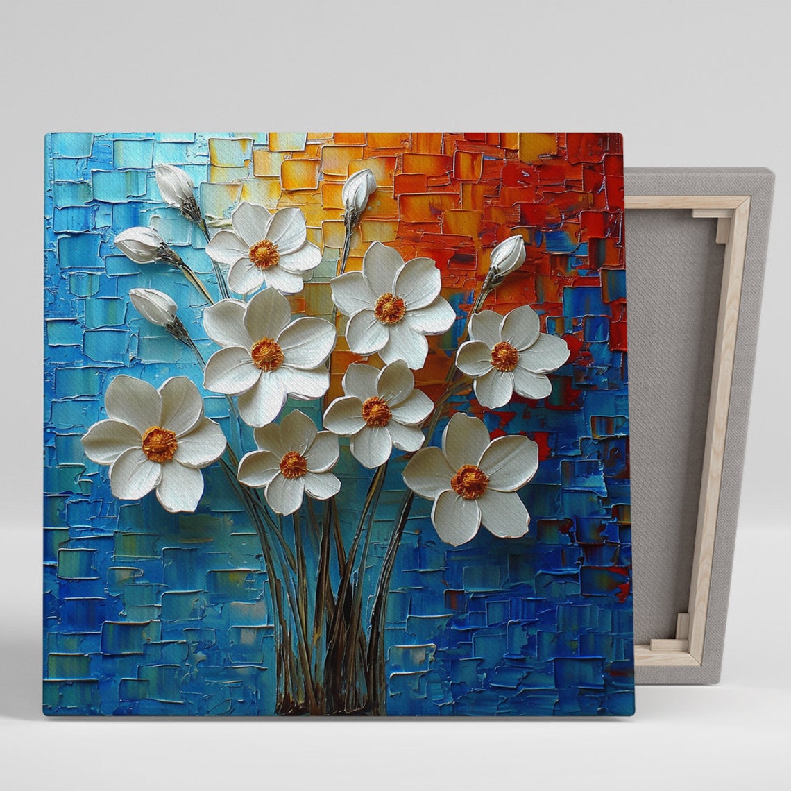 White Daffodil Blooms Mosaic Impasto Blue Orange Van Gogh Style Poster