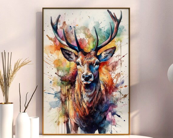 Stag Watercolor Rainbow Splash Deer Wildlife Portrait Art Poster