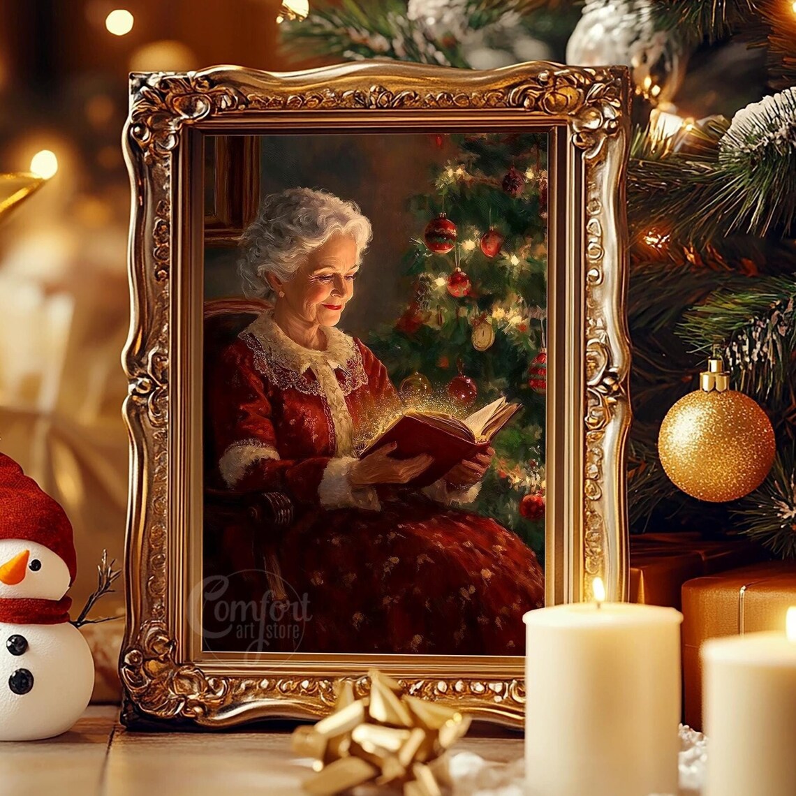 Cozy Christmas Grandmother Reading Glowing Storybook Art Poster - Image 8